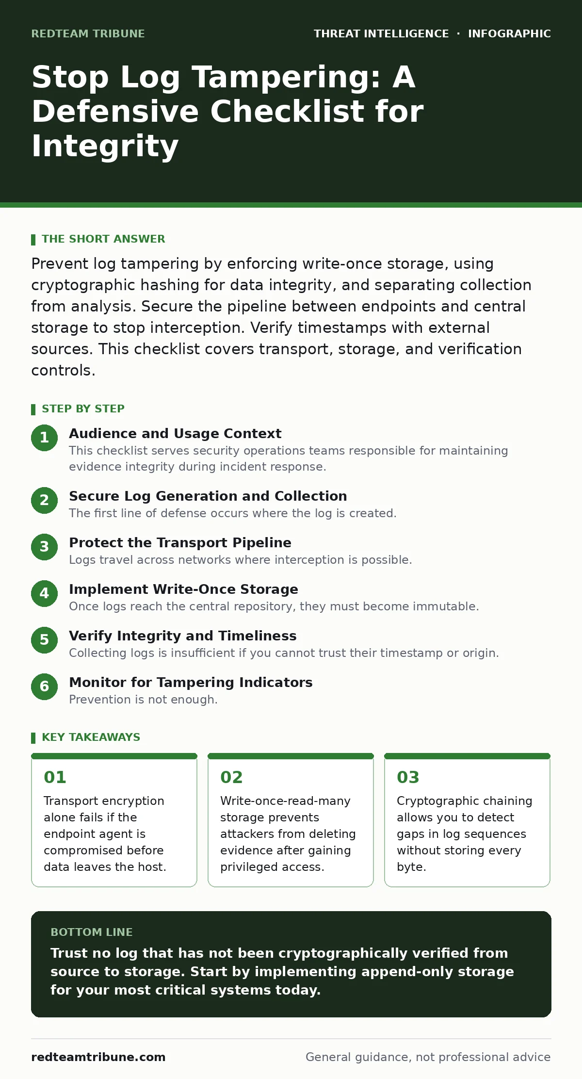 Infographic: Stop Log Tampering: A Defensive Checklist for Integrity. Transport encryption alone fails if the endpoint agent is compromised before data leaves the host. Write-once-read-many storage prevents attackers from deleting evidence after gaining privileged access. Cryptographic chaining allo