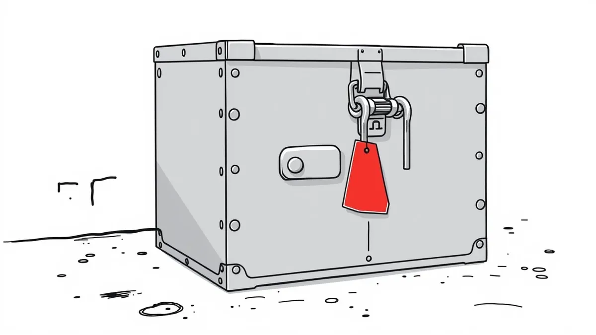 Illustration: A rugged metal lockbox sits on a dusty concrete floor, its heavy latch bolted shut with thick steel chains.