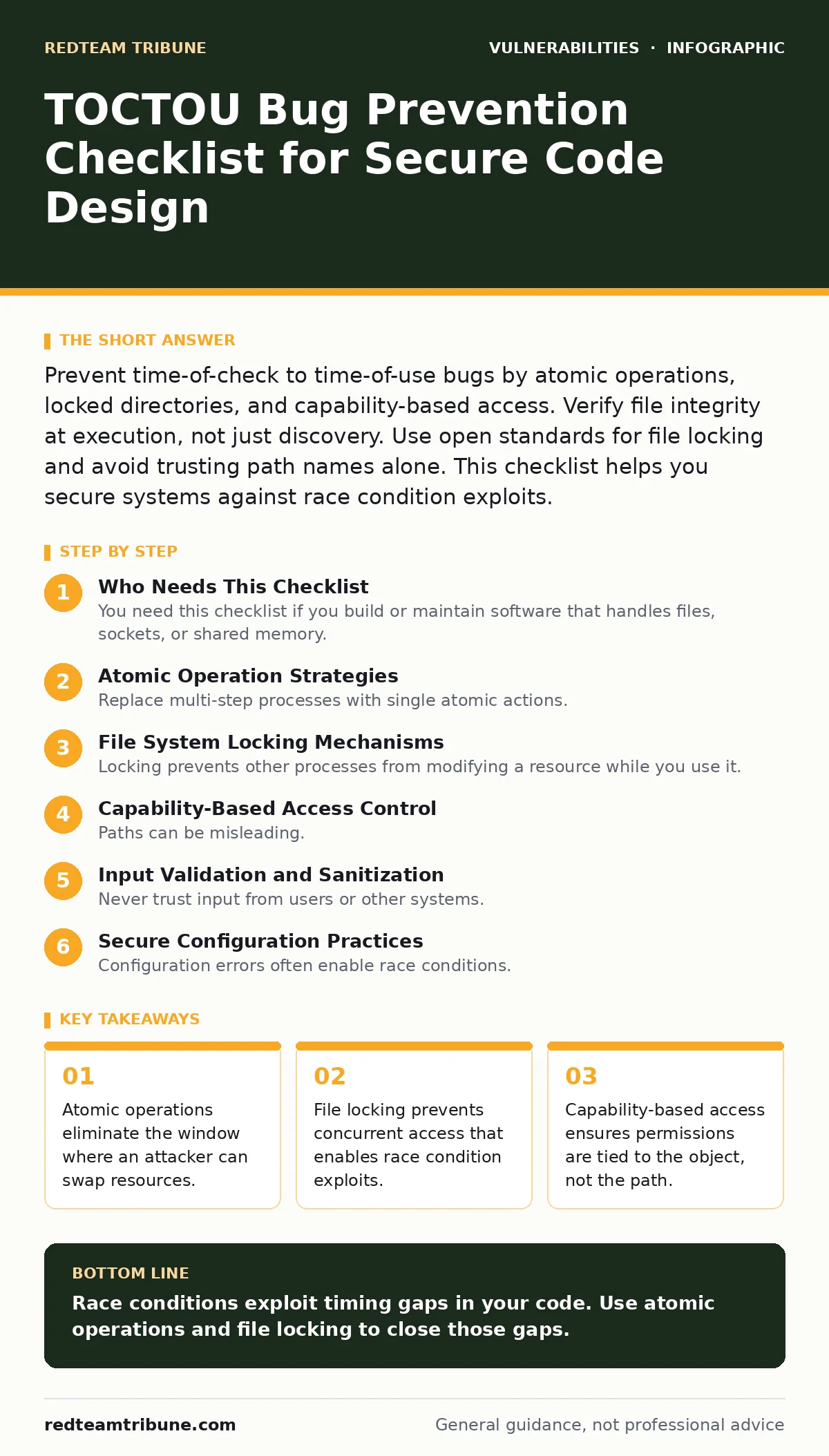 Infographic: TOCTOU Bug Prevention Checklist for Secure Code Design. Atomic operations eliminate the window where an attacker can swap resources. File locking prevents concurrent access that enables race condition exploits. Capability-based access ensures permissions are tied to the object, not the