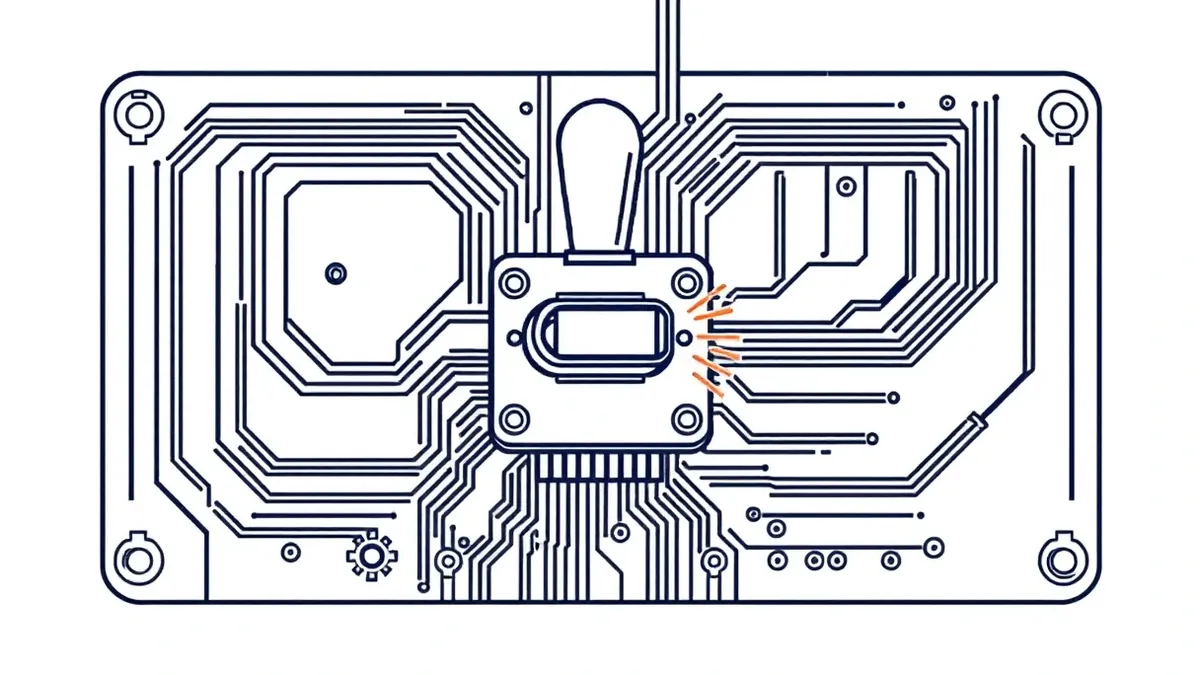 Illustration: A mechanical toggle switch sits in the middle of a circuit board, frozen mid-flip between two metal contacts.