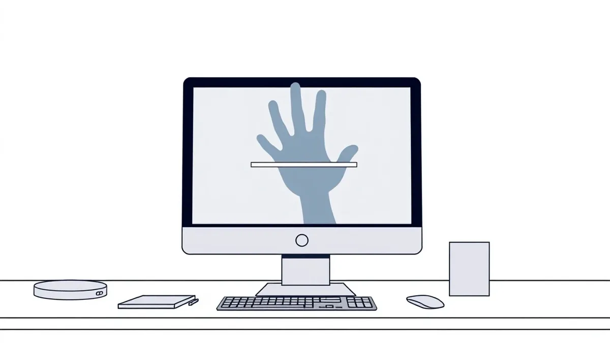 Illustration: A sleek desktop computer sits on a clean white desk with its monitor displaying a generic software update progress bar.