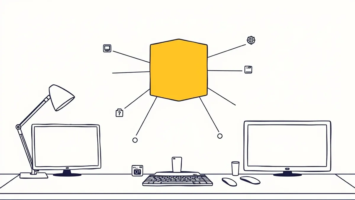 Illustration: A four-sided geometric shape floats above a dark desk, its edges connecting to small objects representing tools, locations, and systems.