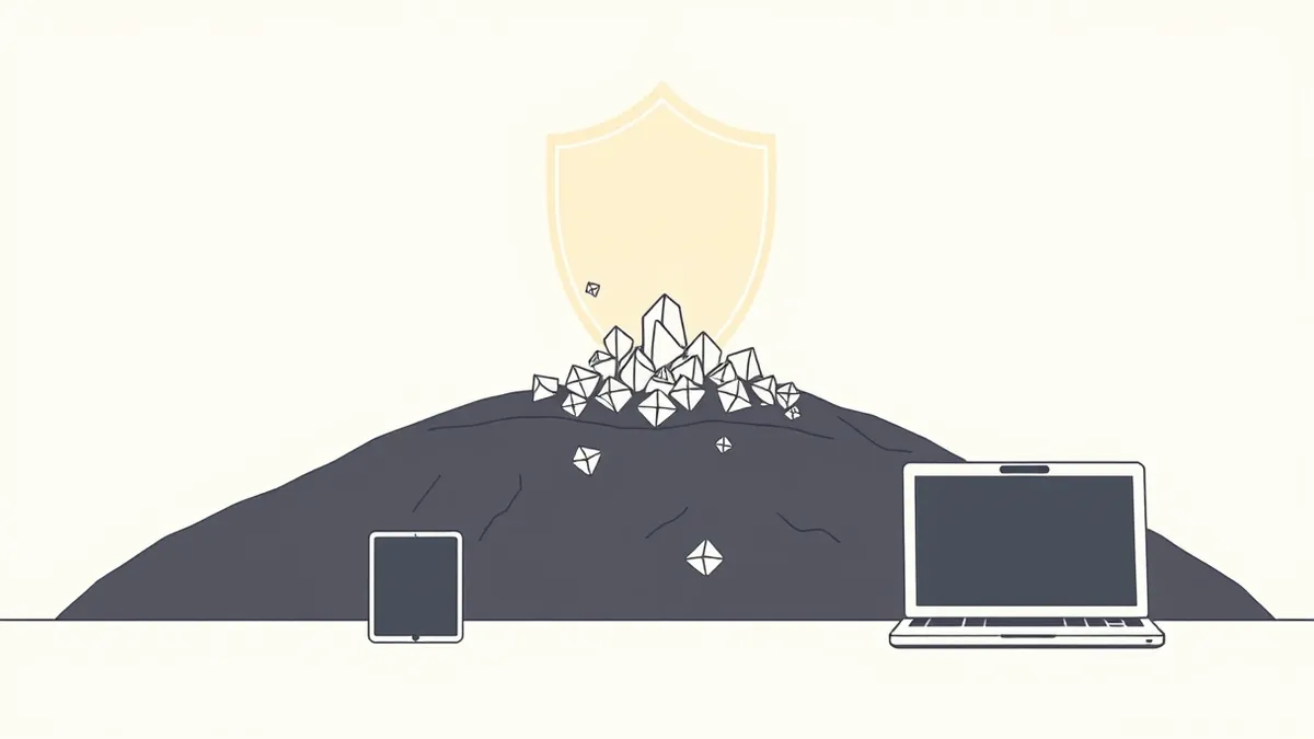Illustration: A translucent, glowing shield hovers directly above a cluster of small, jagged geometric shapes attempting to rise from a dark, textured surface.