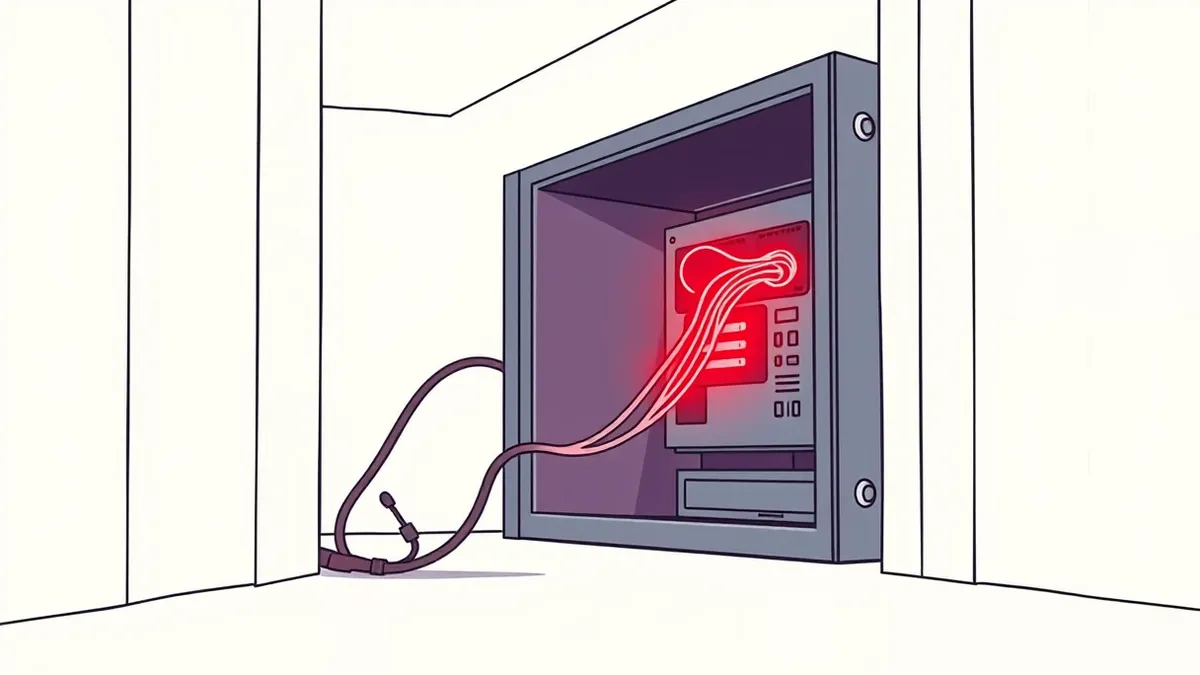 Illustration: A dark server room contains a single exposed network cable with its protective sheath peeled back.