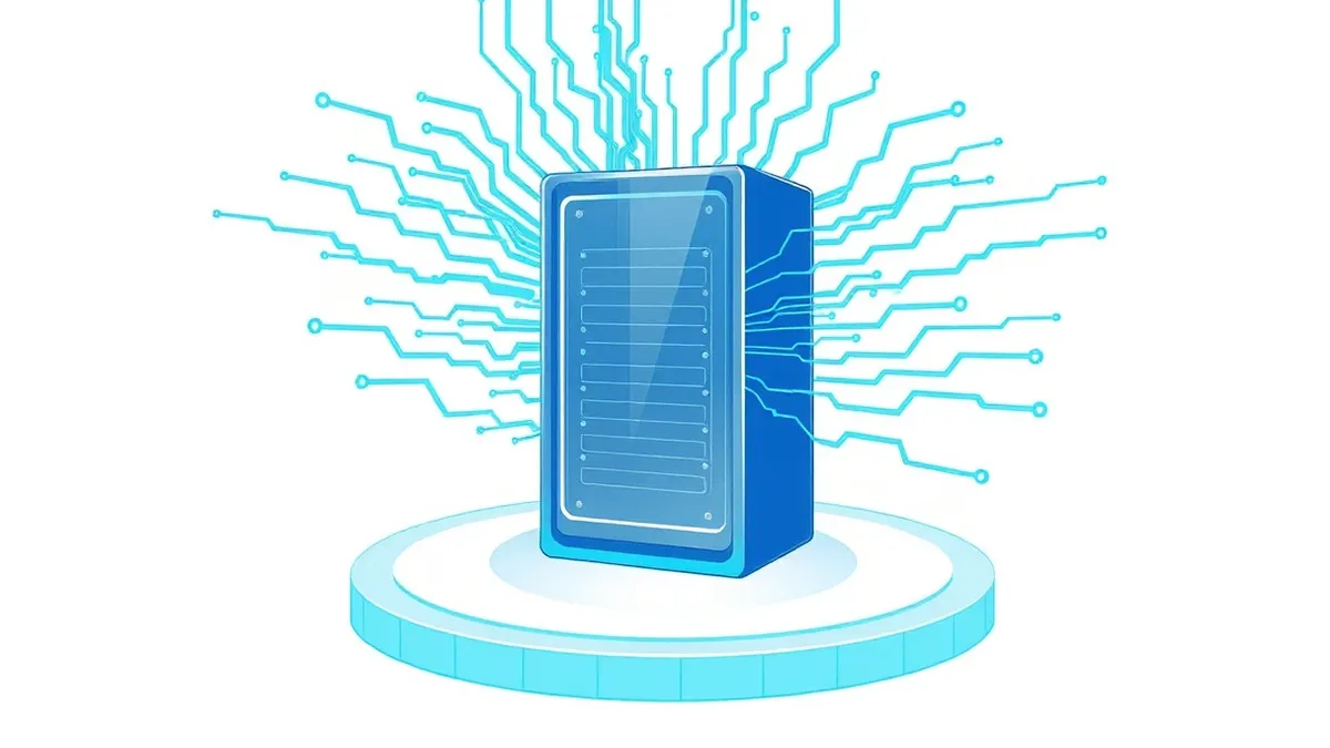 Illustration: A sleek, transparent server node sits at the center of a glowing circular platform.