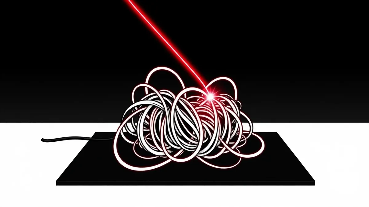 Illustration: A tangled knot of neon fiber optic cables sits on a matte black table, twisting into complex, unreadable shapes.