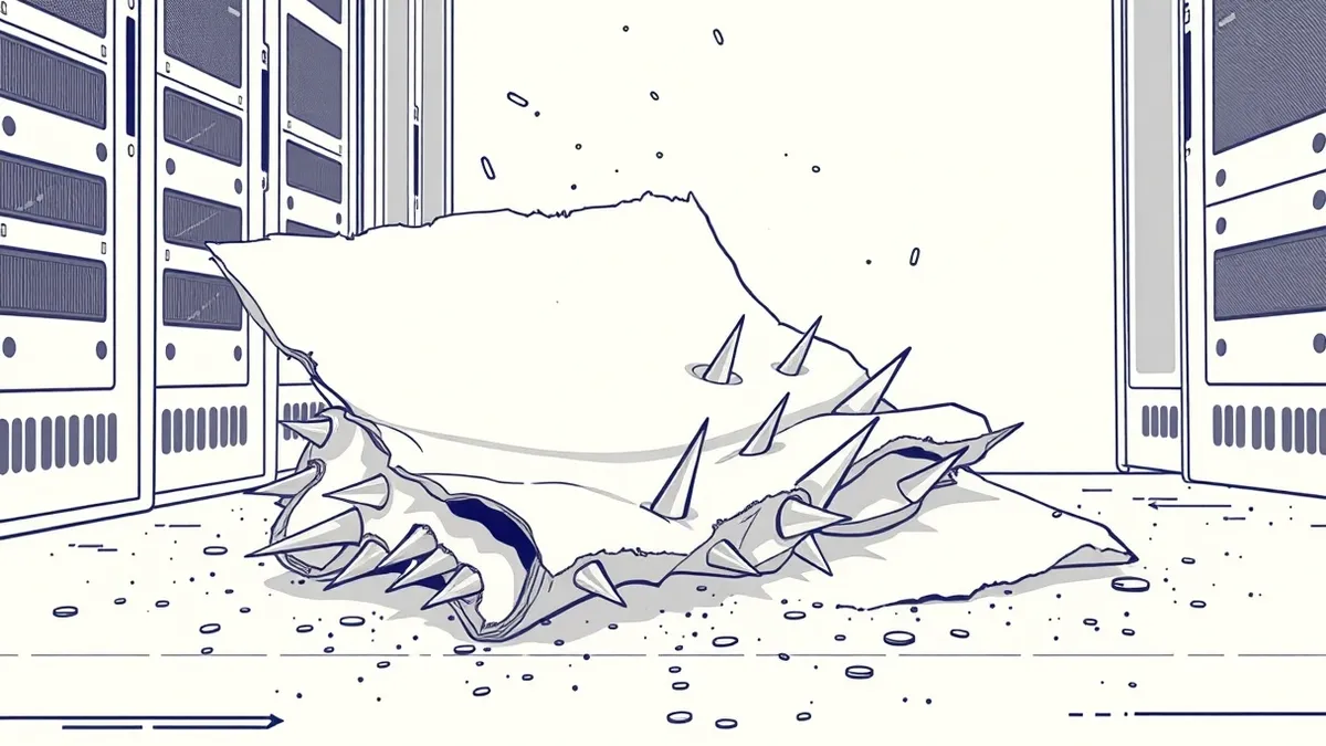 Illustration: A tattered paper template lies crumpled on a dusty server floor, its torn edges revealing sharp, jagged metal spikes protruding from the cardboard layers.