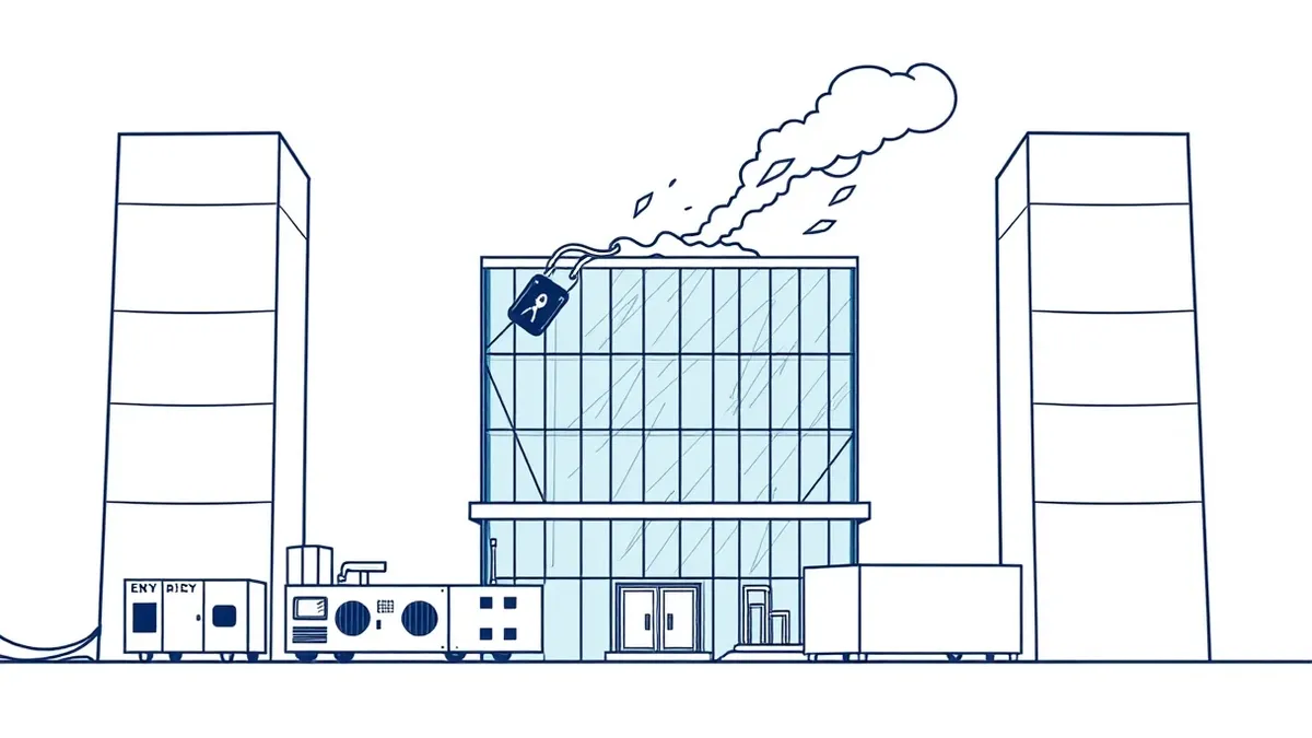 Illustration: A modern building with a shattered glass facade sits behind high concrete walls.