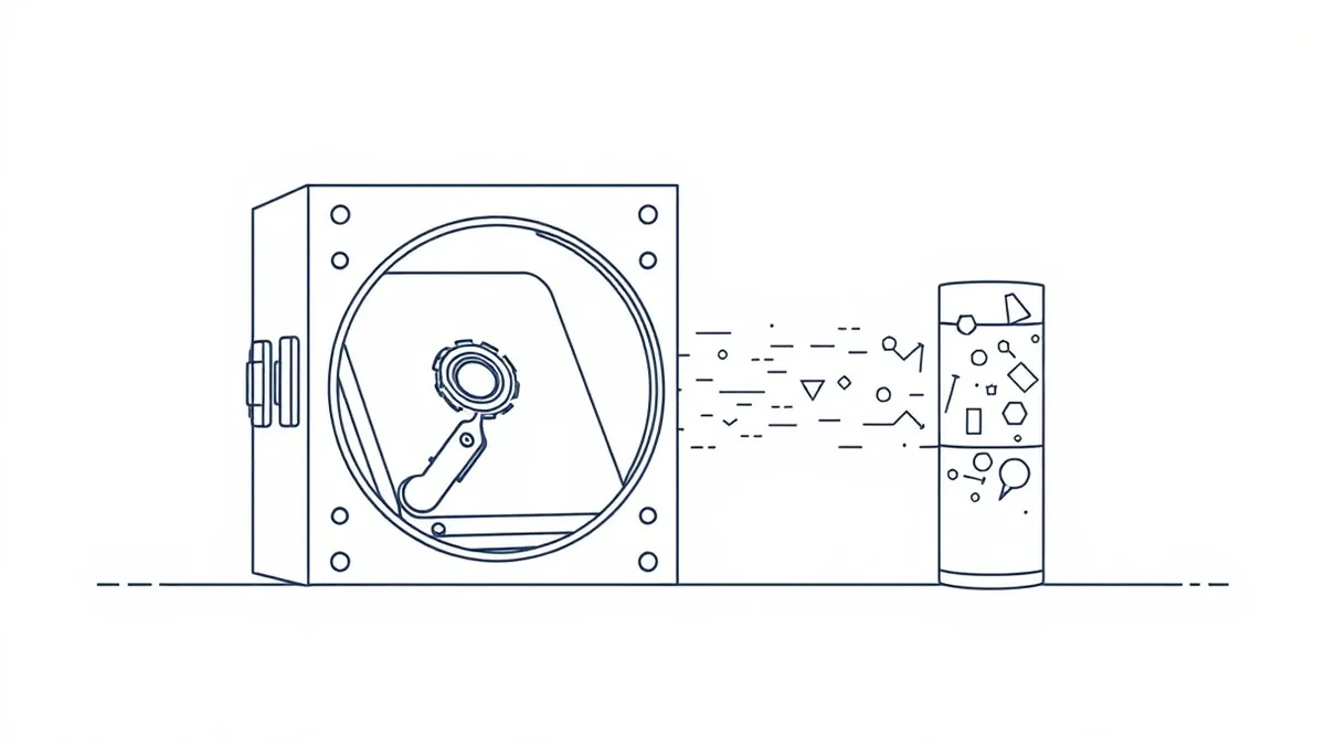 Illustration: A hard drive lies sealed inside a transparent vault, representing static storage, while a stream of abstract geometric shapes flows through a separate glass tube near