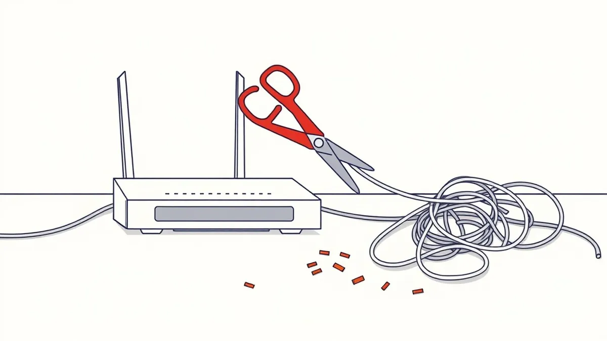 Illustration: A sleek white router sits on a wooden desk beside a tangled mess of gray cables.