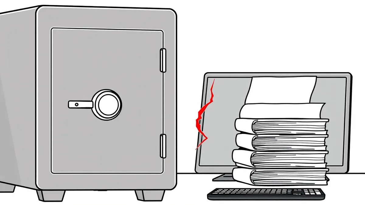 Illustration: An empty office desk holds a stack of blank white reports beside a pristine, locked black safe.