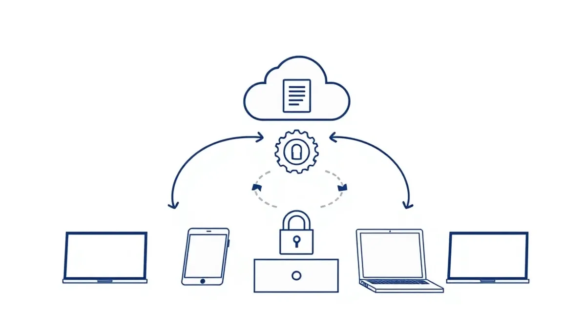 Illustration: A floating cloud icon connects to a spinning gear mechanism that sorts incoming document shapes.