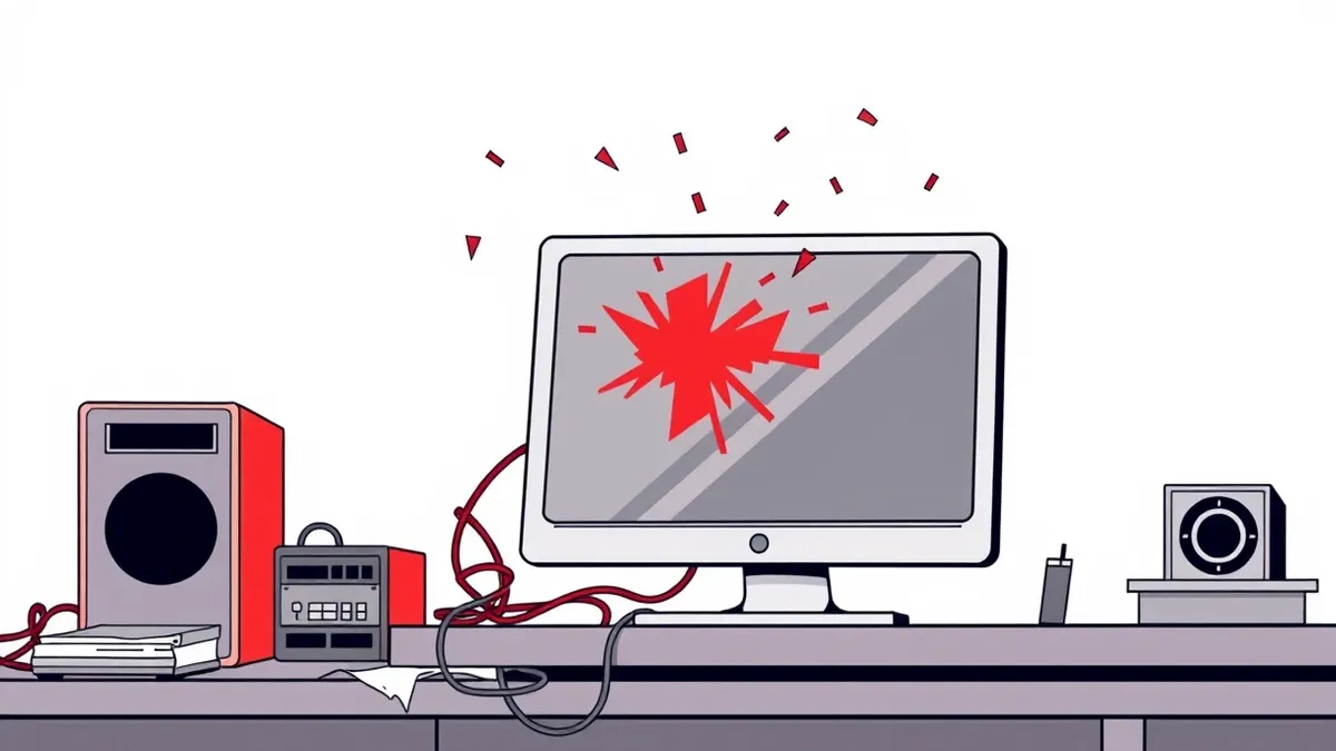 Illustration: A sleek silver terminal sits isolated on a cluttered desk, its blank screen reflecting chaotic abstract red shards.