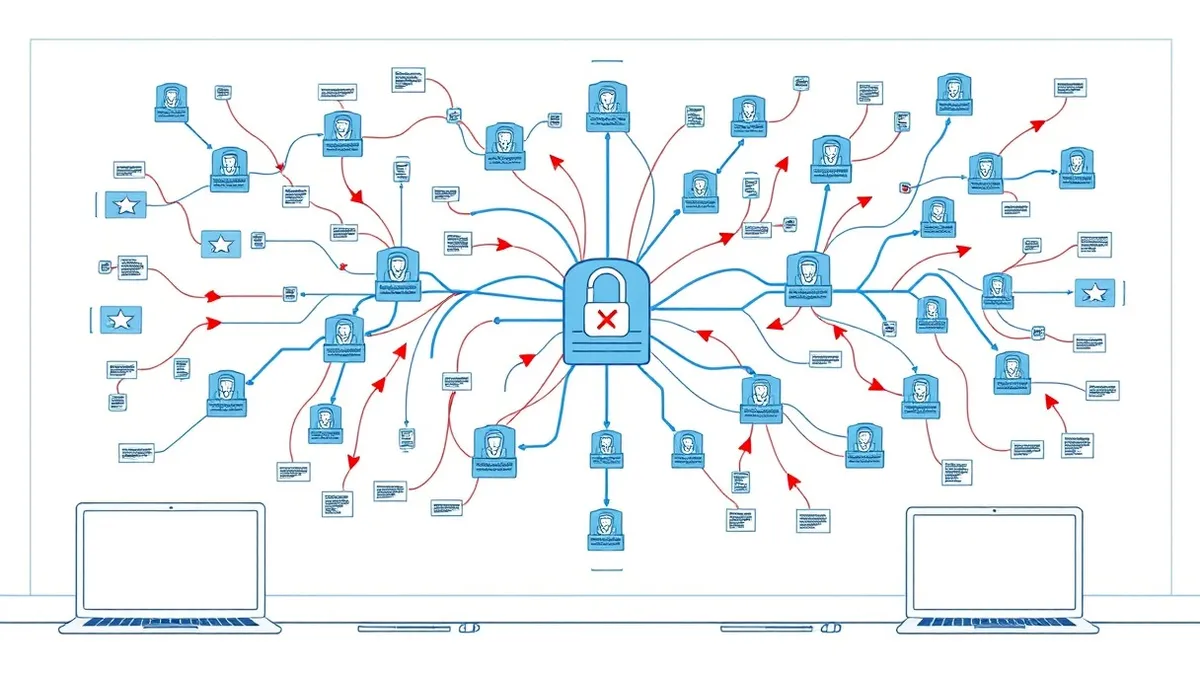 Illustration: A large, intricate wall map displays interconnected nodes and flowing lines representing digital defense strategies.