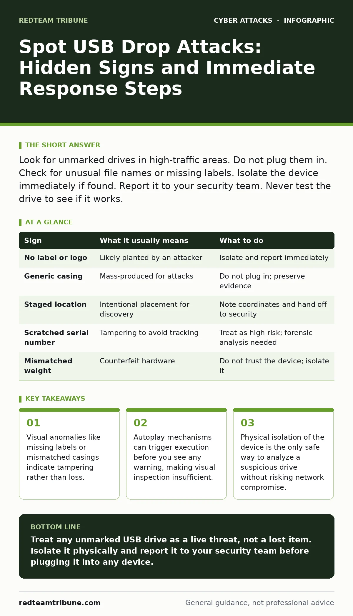 Infographic: Spot USB Drop Attacks: Hidden Signs and Immediate Response Steps. Visual anomalies like missing labels or mismatched casings indicate tampering rather than loss. Autoplay mechanisms can trigger execution before you see any warning, making visual inspection insufficient. Physical isolati