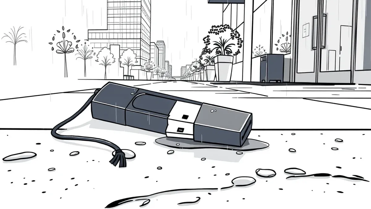 Illustration: A black USB flash drive lies abandoned on a wet concrete sidewalk near a busy office building entrance.
