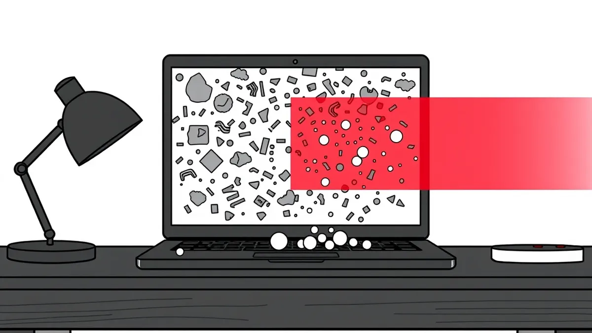 Illustration: A sleek black laptop sits on a dark wooden desk, its screen displaying a chaotic storm of abstract gray shapes and tangled lines.