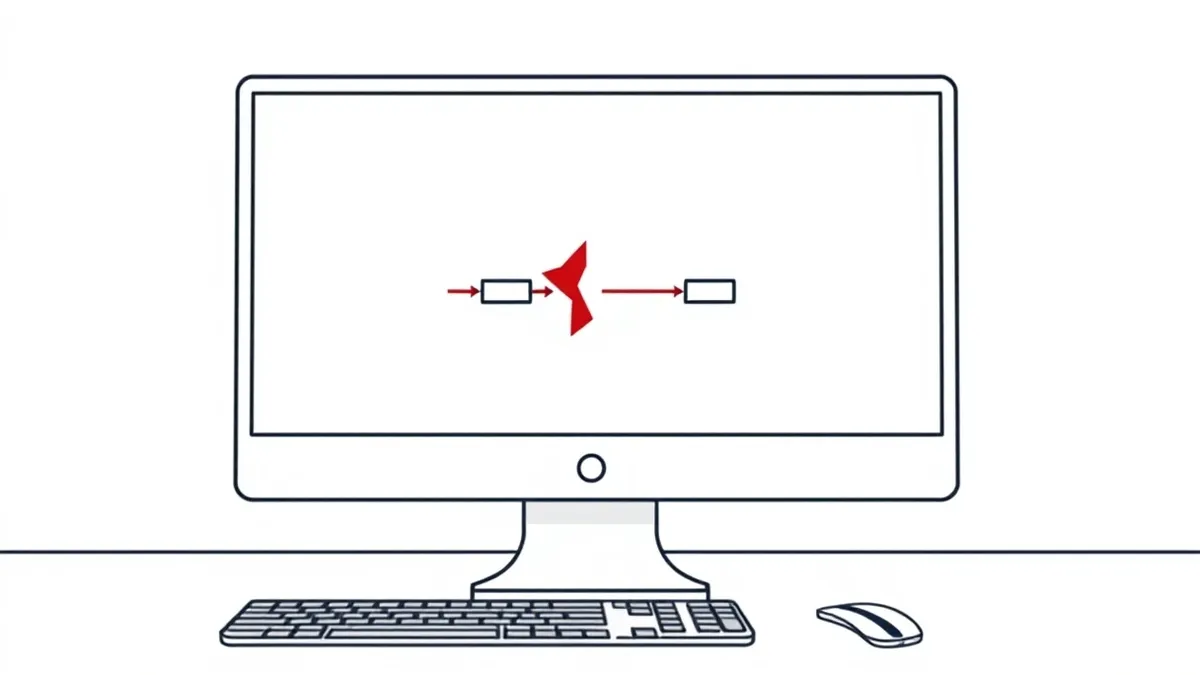 Illustration: A blank computer screen displays a simple, unadorned workflow diagram with connected boxes and arrows.