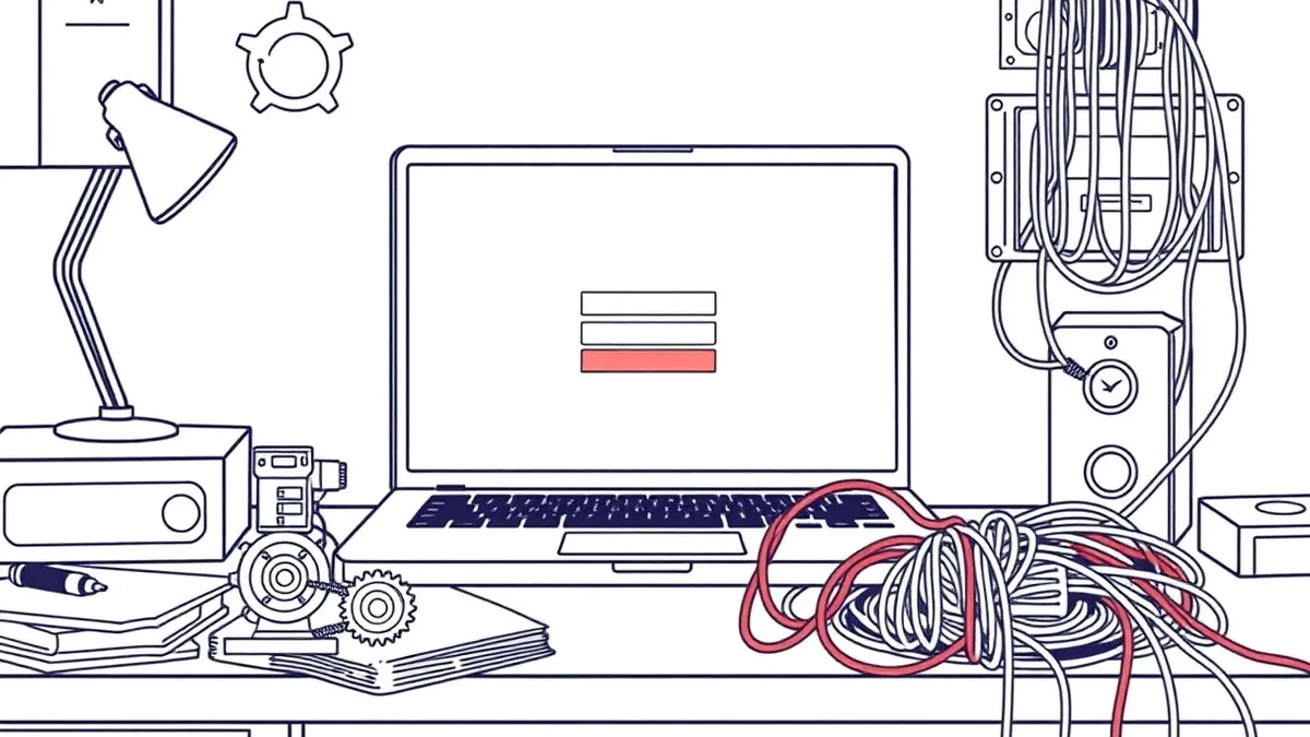 Illustration: A cluttered desk holds an open laptop displaying a perfectly replicated, blank login page on its screen.