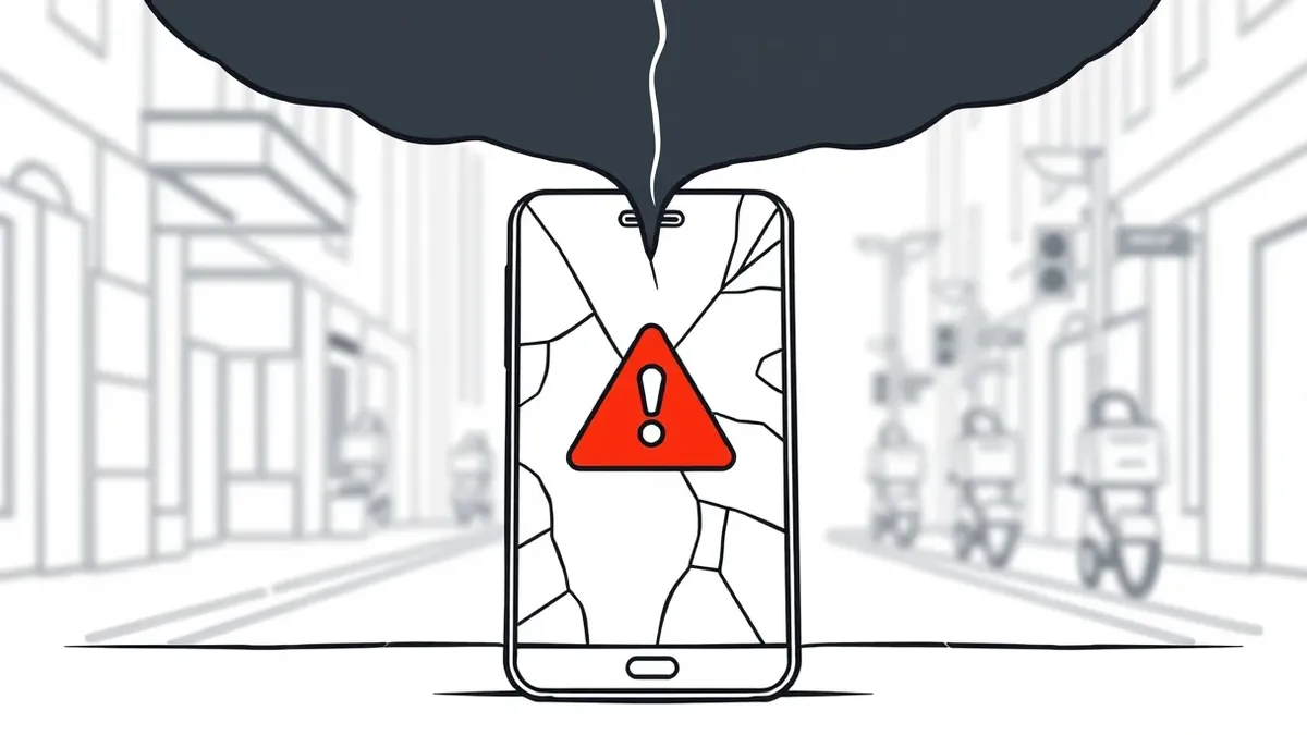 Illustration: A cracked smartphone screen displays a generic red warning icon against a blurred street background.