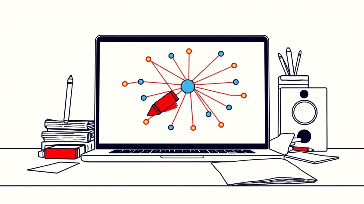Illustration: A sleek laptop sits on a cluttered desk, its screen displaying a complex web of abstract red lines connecting to a central blue node.