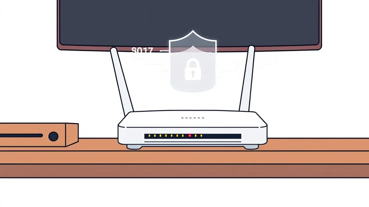 Illustration: A sleek white router sits on a wooden desk with a glowing red indicator light pulsing steadily.