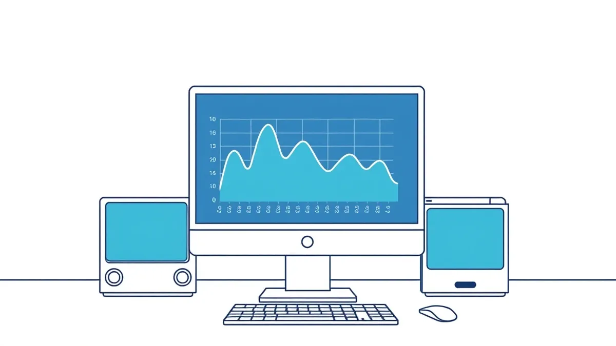 Illustration: An isolated virtual machine window sits on a clean digital desktop, displaying abstract activity graphs that spike and fluctuate while the surrounding system remains 