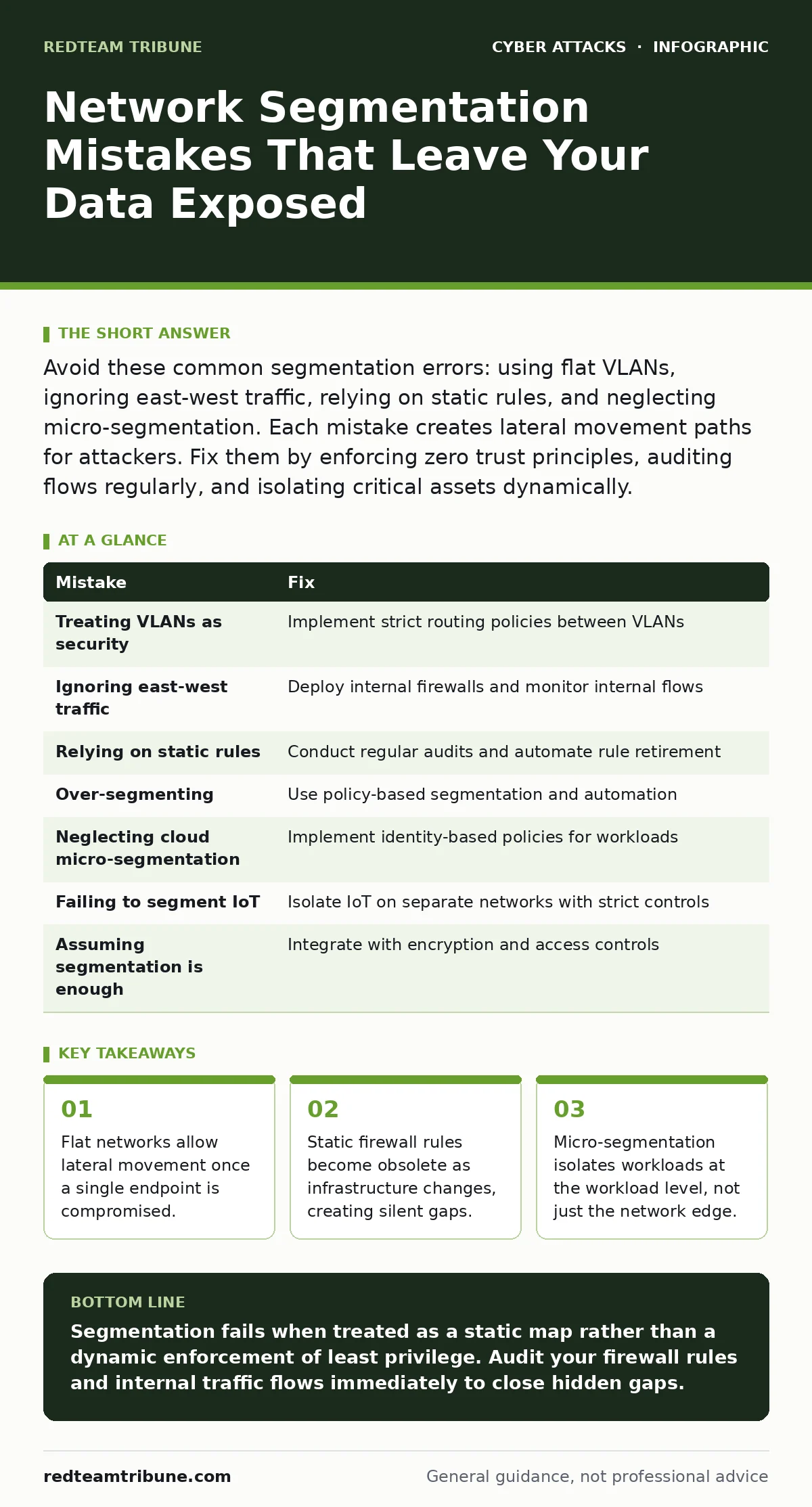 Infographic: Network Segmentation Mistakes That Leave Your Data Exposed. Flat networks allow lateral movement once a single endpoint is compromised. Static firewall rules become obsolete as infrastructure changes, creating silent gaps. Micro-segmentation isolates workloads at the workload level, not