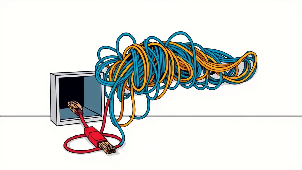 Illustration: A tangled knot of colorful ethernet cables spills from a wall panel, with one red cord loosely dangling near an open floor vent.