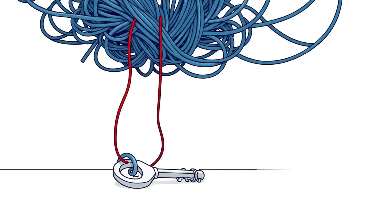 Illustration: A single loose red thread dangles from a complex knot of thick blue cables that bind a metallic cloud structure.