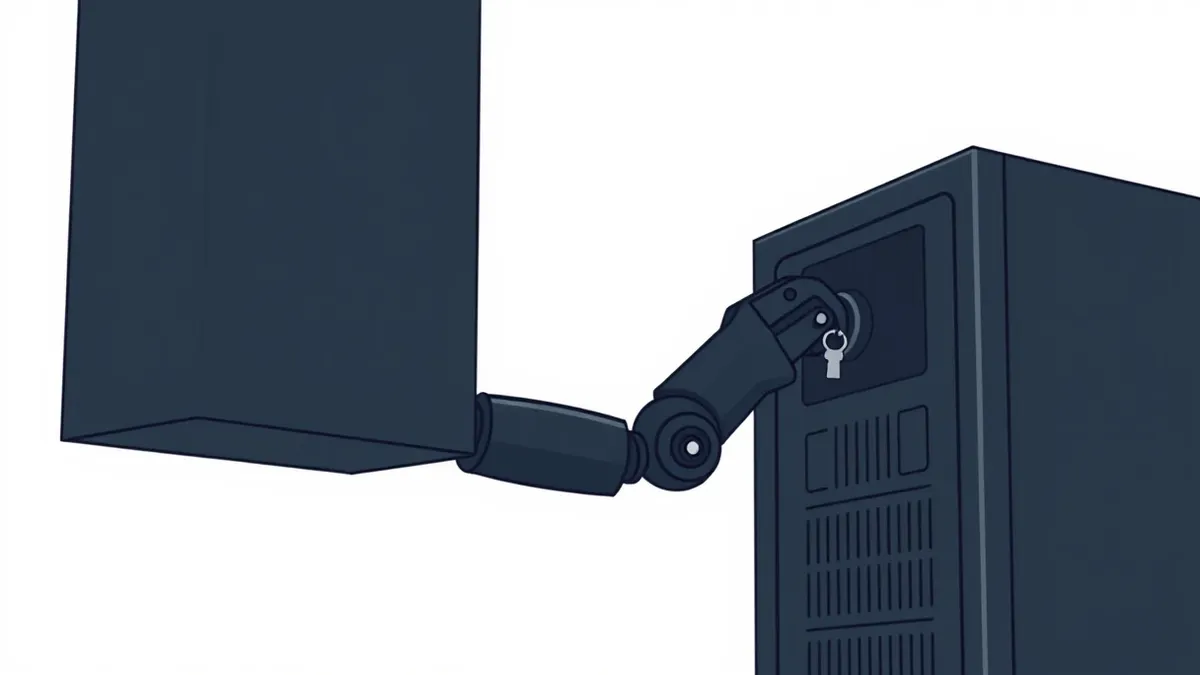 Illustration: A sleek black autonomous robot arm extends from a dark machine housing.
