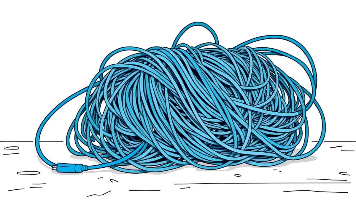 Illustration: A tangled knot of thick fiber optic cables sits on a concrete floor.