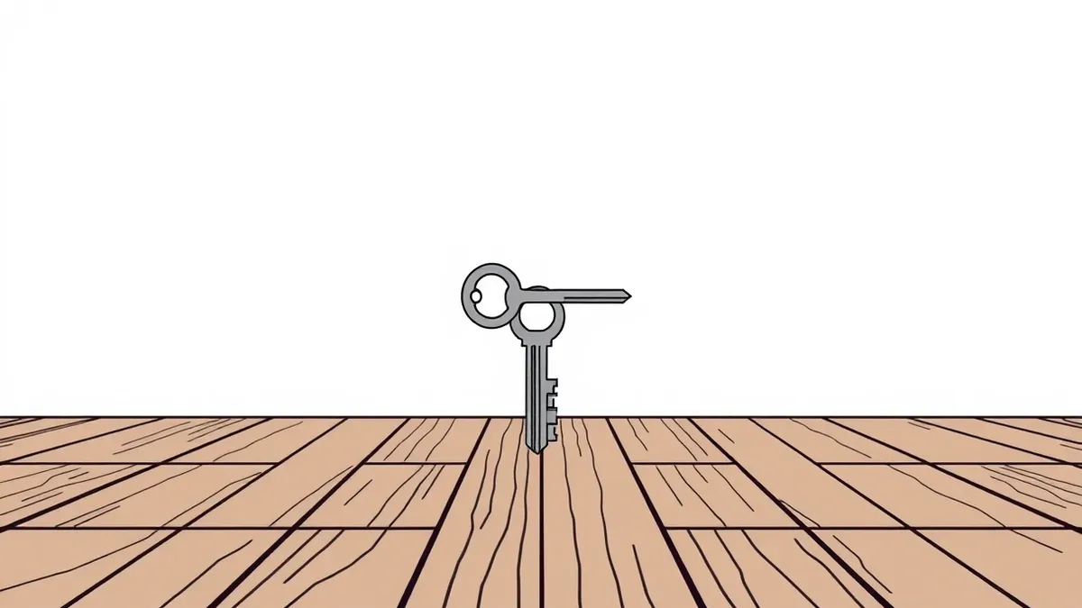 Illustration: A single silver key rests on a split surface, dividing it between a wooden floor and stone tiles.