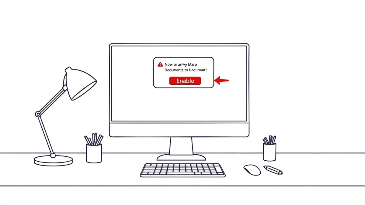 Illustration: A blank document sits on a clean desk with a single macro warning dialog box hovering above it, the generic enable button highlighted by a sharp red arrow pointing di