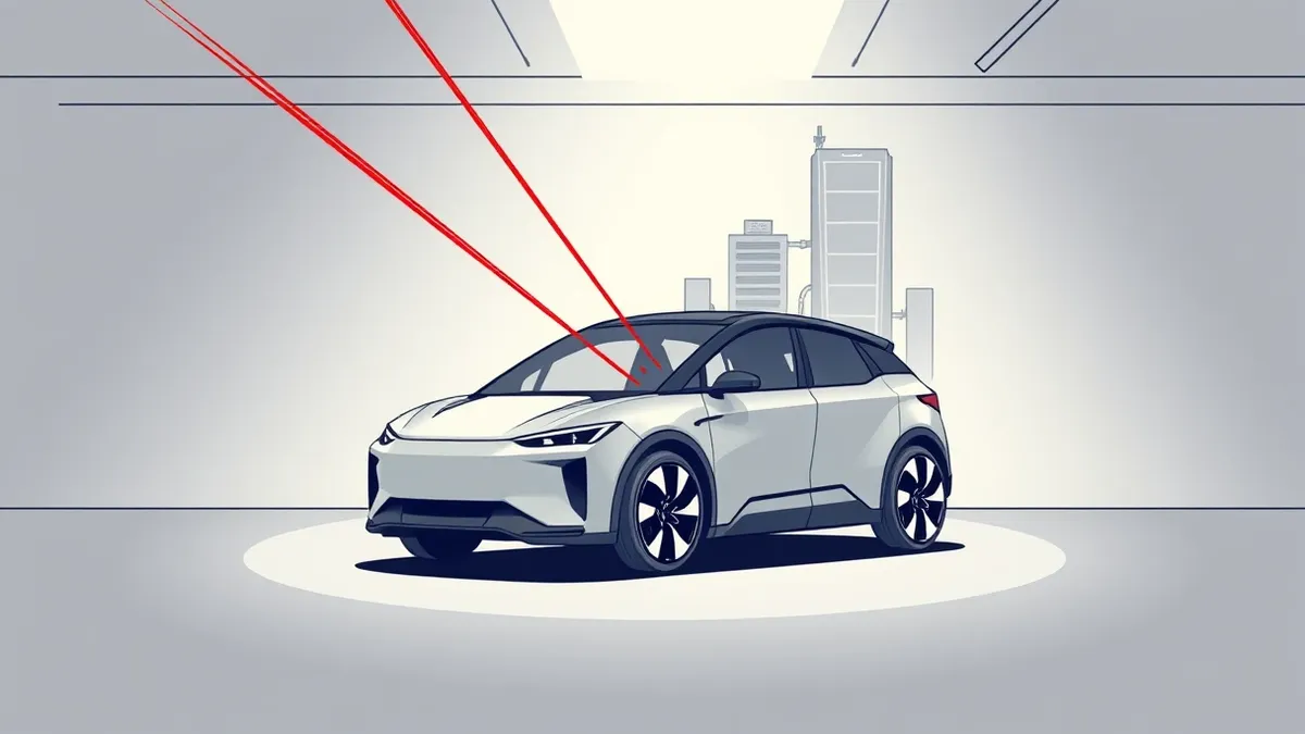 Illustration: A sleek autonomous vehicle sits in a dim garage.