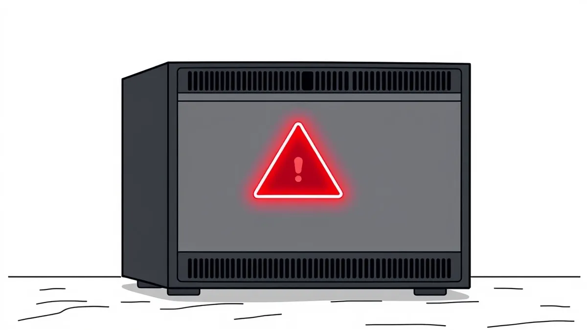 Illustration: A sleek black rectangular server appliance sits isolated on a concrete floor.
