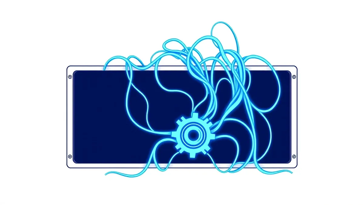 Illustration: A tangled web of glowing blue threads connects exposed server ports to a dark, shadowy void.