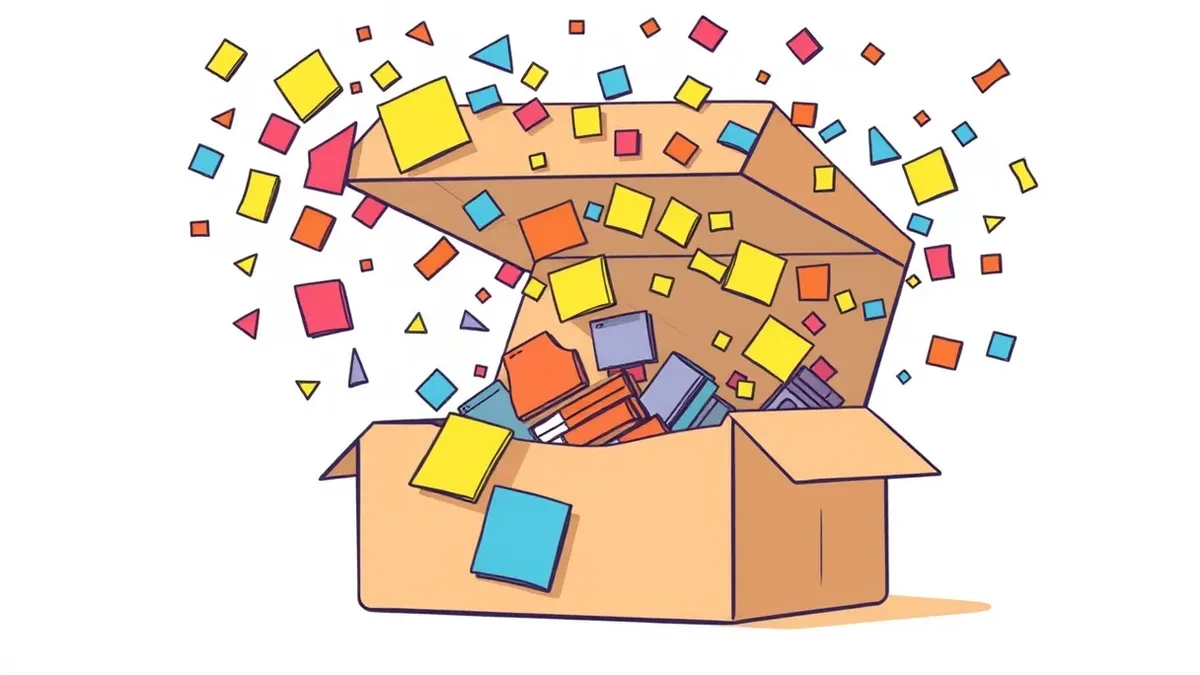 Illustration: A chaotic swarm of colored sticky notes slams into an open cardboard box, forcing the lid upward.