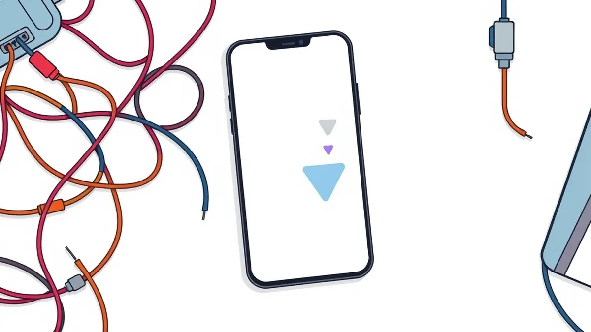 Illustration: A blank smartphone screen sits next to a tangled mass of colorful cables on a clean white desk.