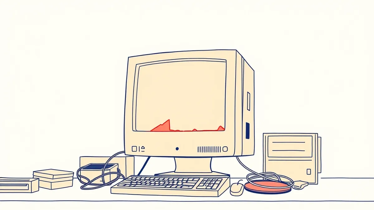 Illustration: A dusty, beige desktop computer sits abandoned on a cluttered office desk.