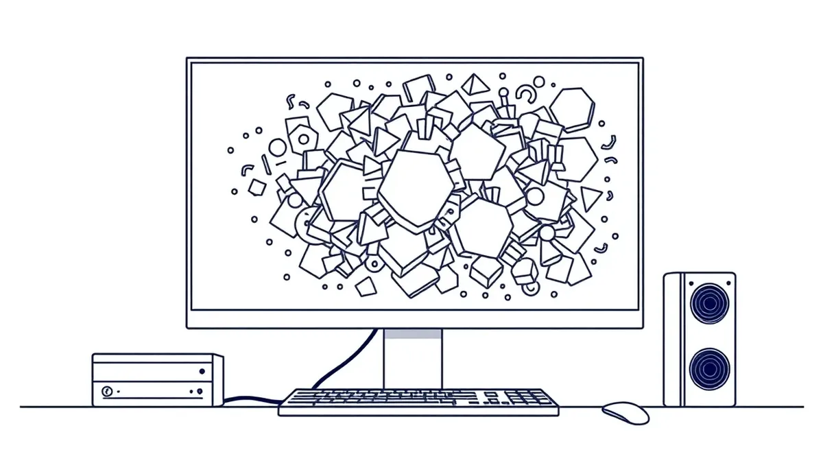 Illustration: A server terminal sits on a desk, its blank monitor reflecting a chaotic tangle of abstract geometric shapes that seem to swell and overflow the frame.