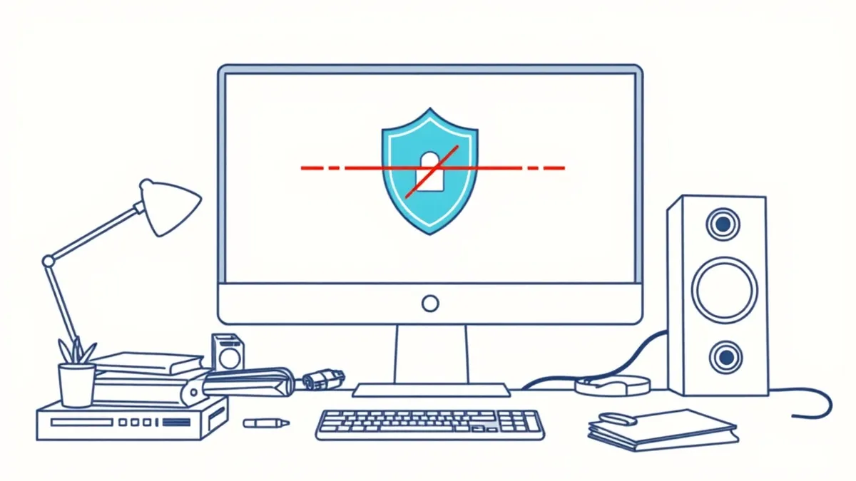 Illustration: A sleek desktop computer sits on a cluttered desk, its screen displaying a minimalist interface with abstract geometric shapes.