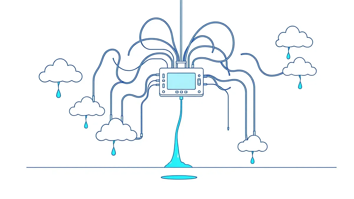 Illustration: A tangled web of transparent tubes connects a central hub to various floating cloud shapes, with several tubes leaking glowing blue liquid into empty space below.