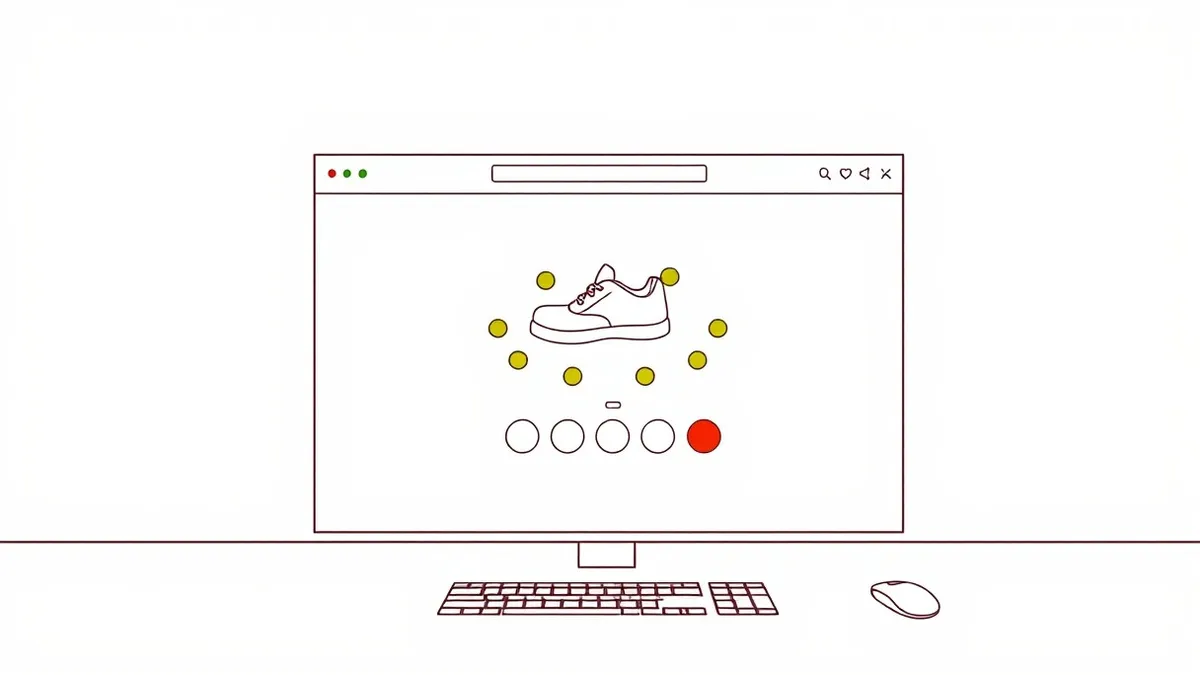 Illustration: A blank browser window displays a rotating three-dimensional shoe model with empty color selection circles.