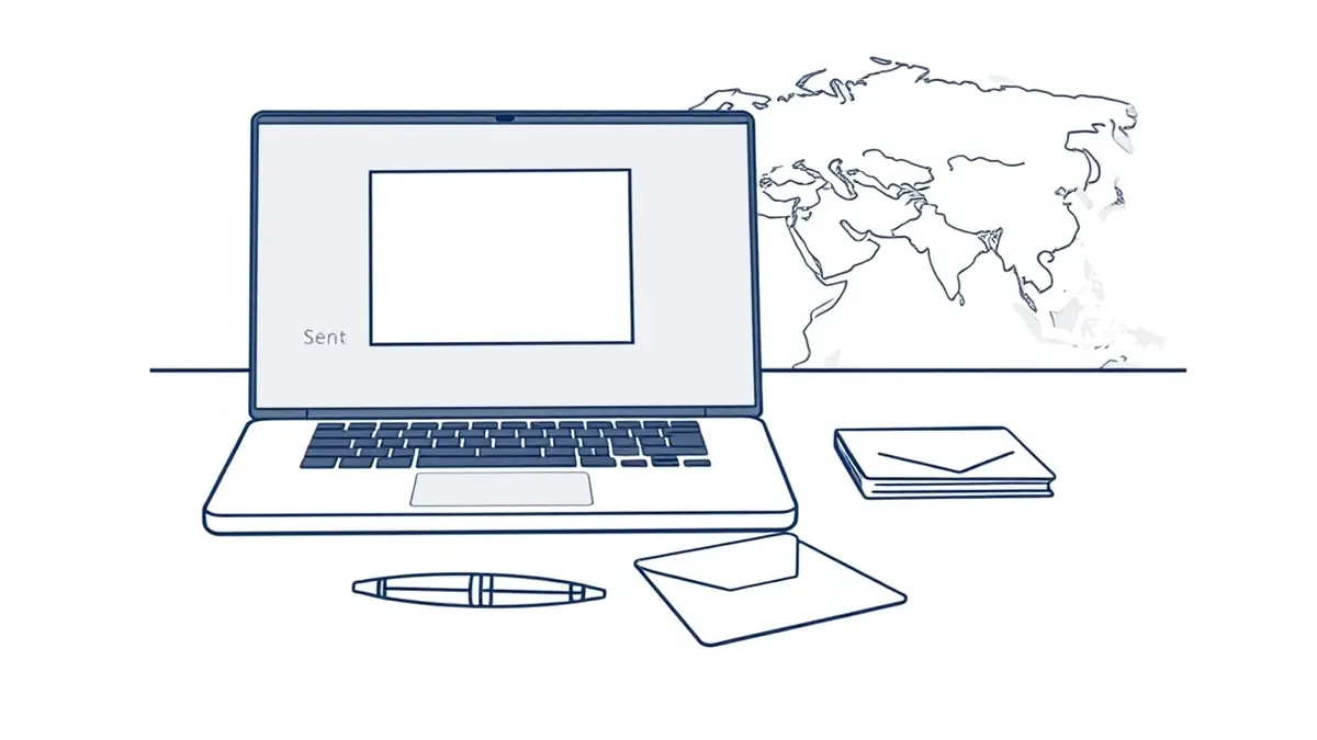 Illustration: A sleek laptop sits open on a polished wooden desk, displaying a blank email client window with a highlighted sent folder.