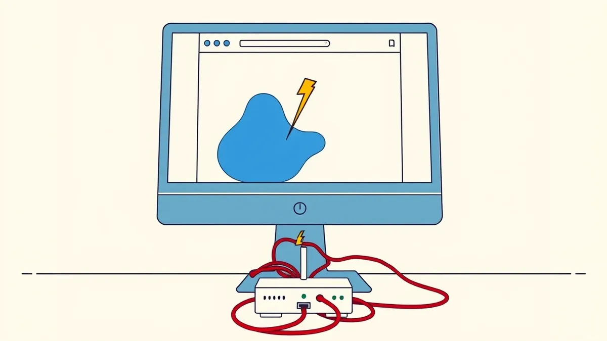 Illustration: A computer monitor displays a web browser window with abstract blue shapes on a blank page.