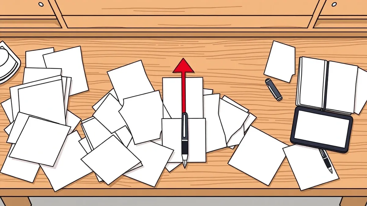 Illustration: A wooden desk holds a scattered pile of blank white papers and a solitary fountain pen.