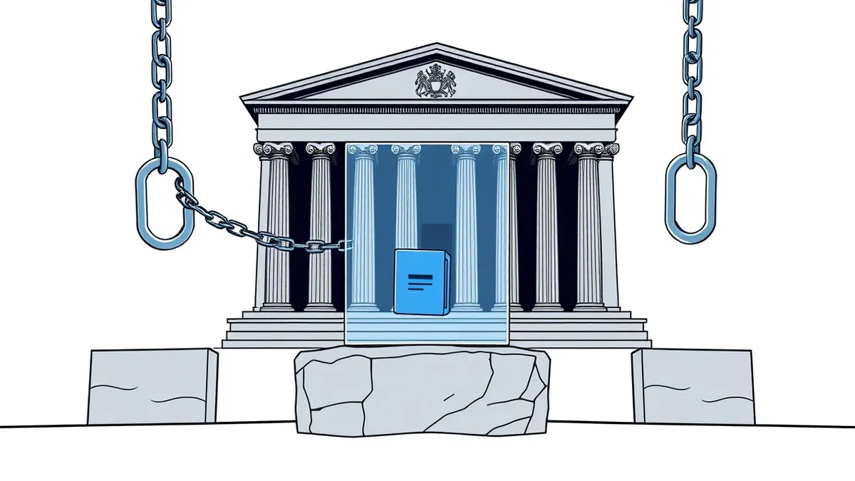 Illustration: A transparent glass cube sits on a stone pedestal, containing a single glowing blue data packet.