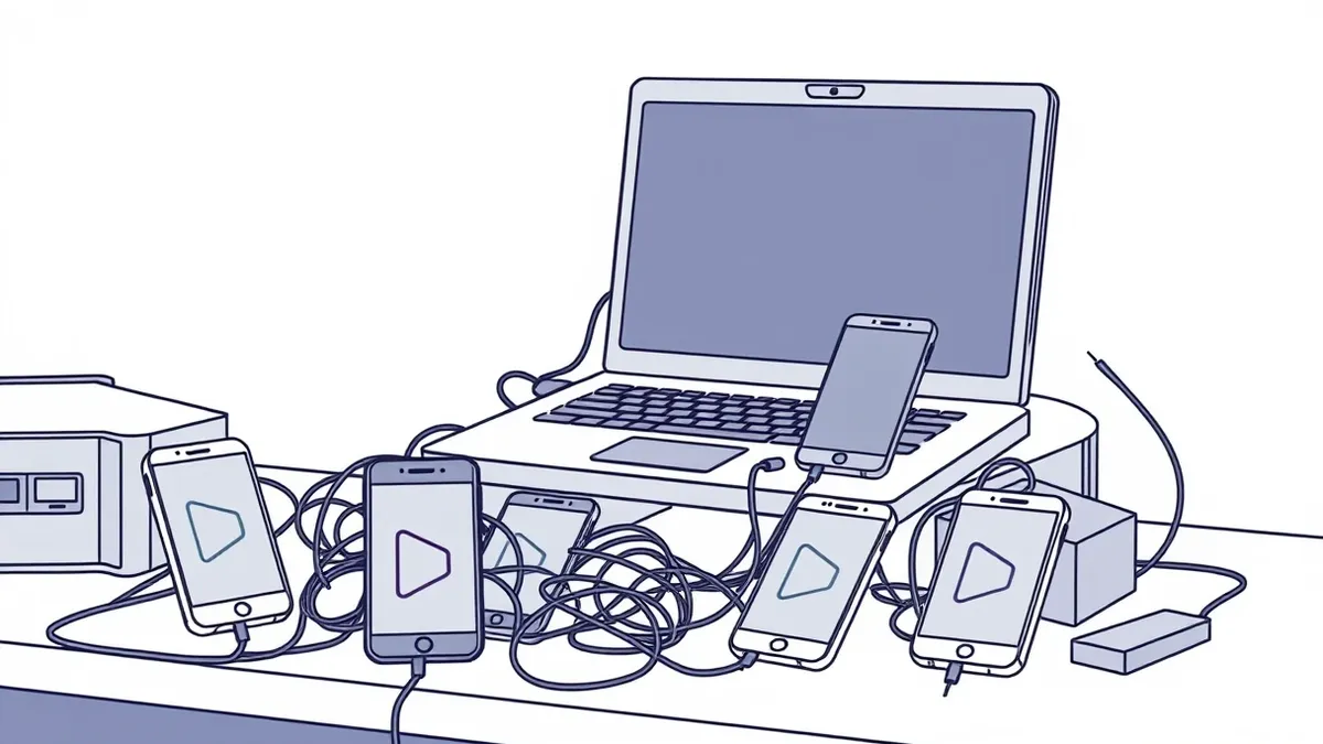 Illustration: A cluttered desk holds a generic laptop and several inexpensive smartphones displaying blank screens with abstract geometric shapes.