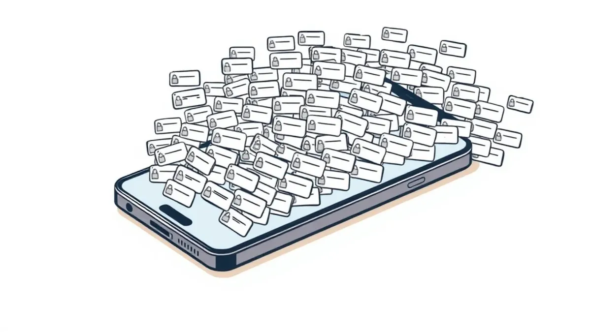 Illustration: A smartphone rests on a wooden table, its screen glowing with a repetitive flood of identical push notification bubbles.